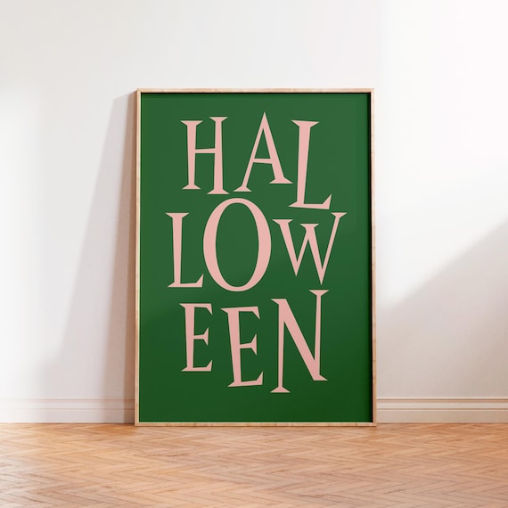 Halloween Serif Lettering Poster In Blush Pink On Forest Green