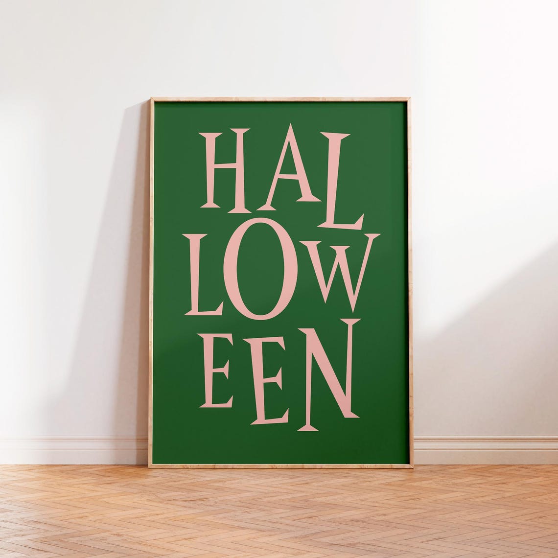 Halloween Serif Lettering Poster In Blush Pink On Forest Green