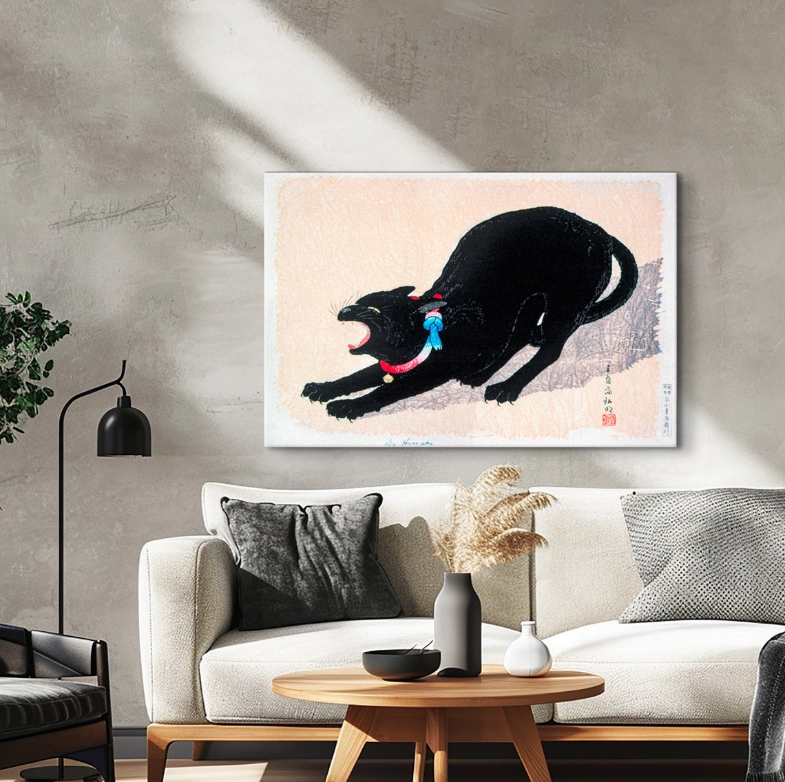 Takahashi Hiroaki Hissing Black Cat Vintage Japanese Woodblock Poster - Image 2