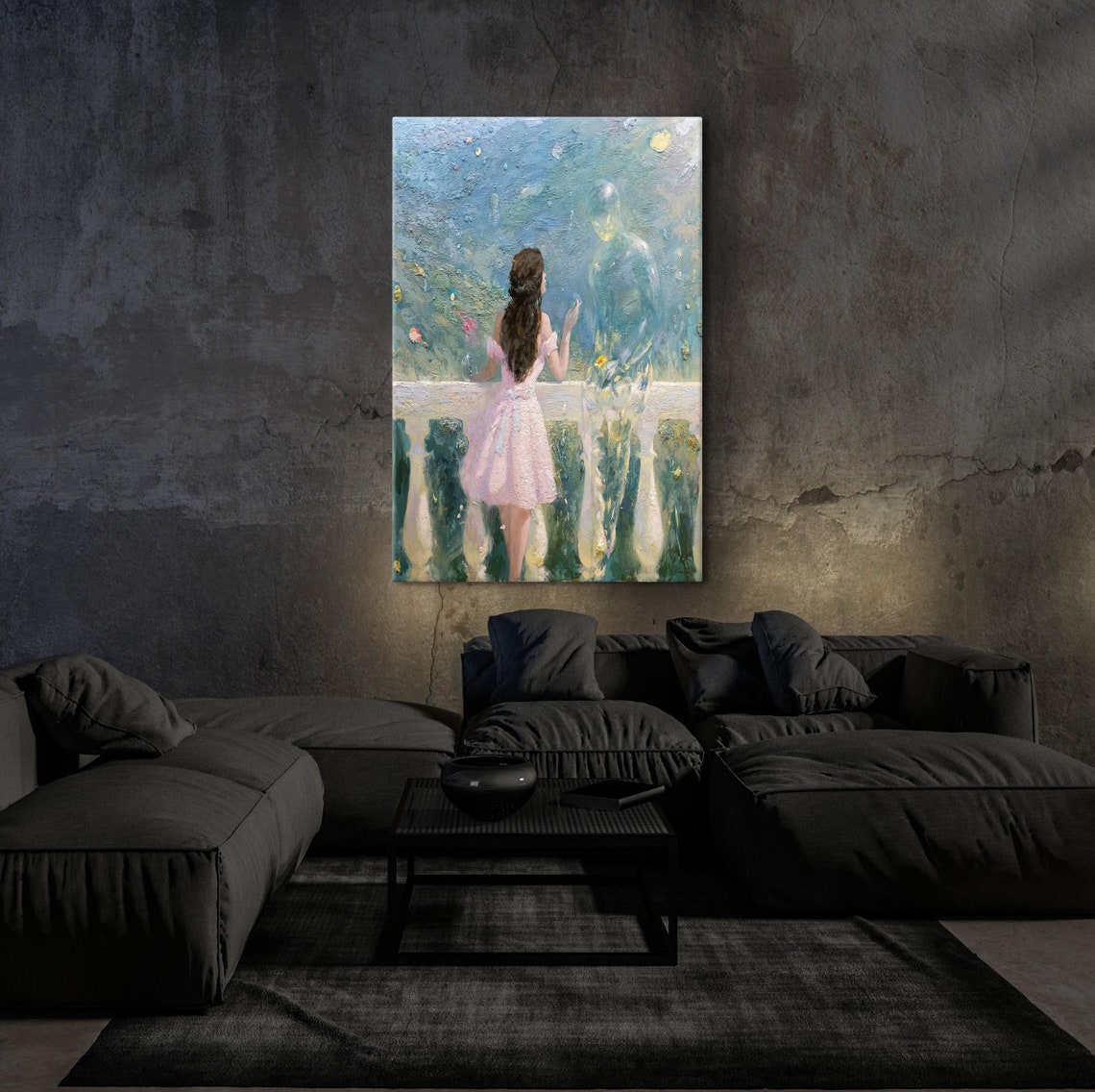 Young Woman Meeting a Ghostly Soulmate on a Balcony Art Poster - Image 6