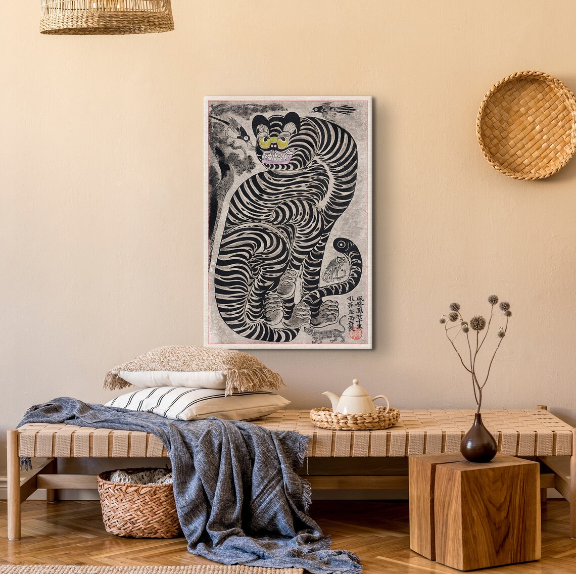 Japanese Folk Art Striped Guardian Tiger With Cub Vintage Poster - Image 5