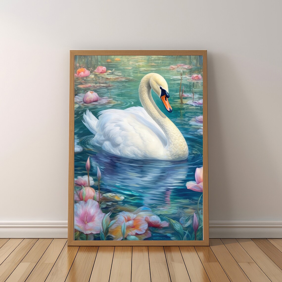 White Swan Lily Pond Painting Pink Lotus Elegant Bird Water Poster - Image 6