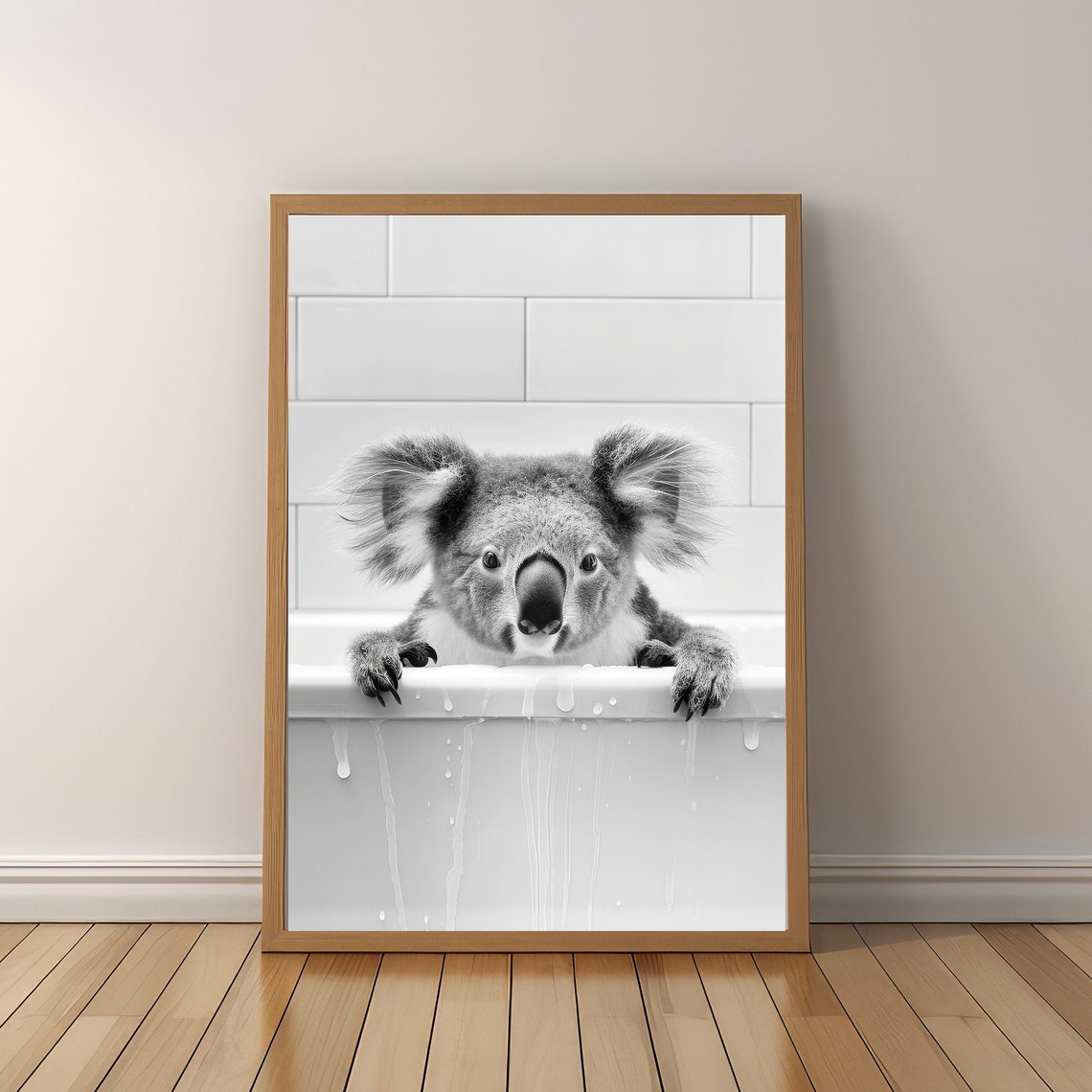 Adorable Koala Peeking Over Bathtub Black And White Nursery Poster - Image 4