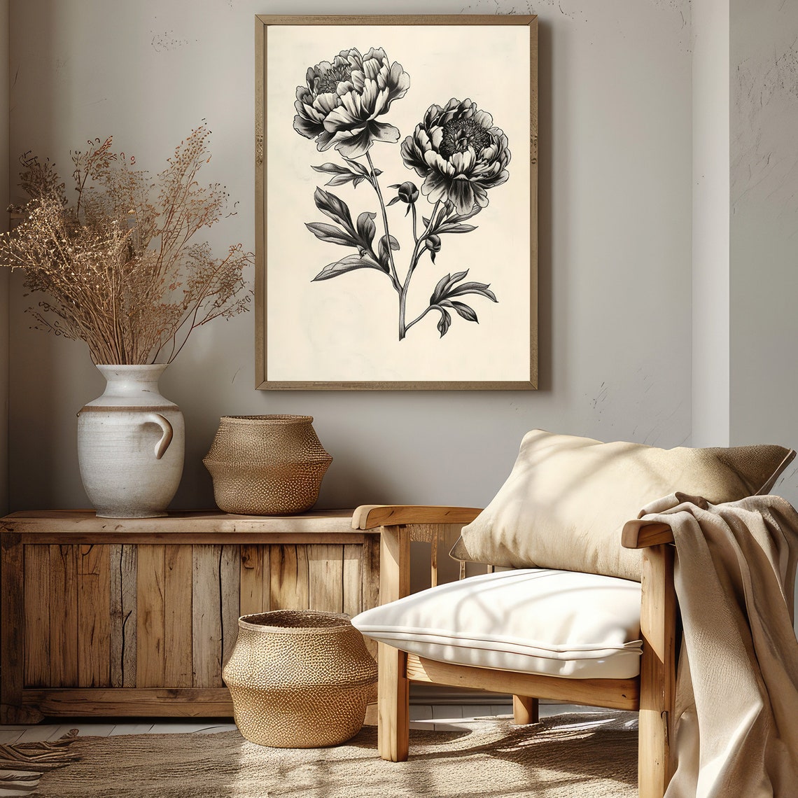 Elegant Vintage Black And White Peony Botanical Artwork Poster - Image 3