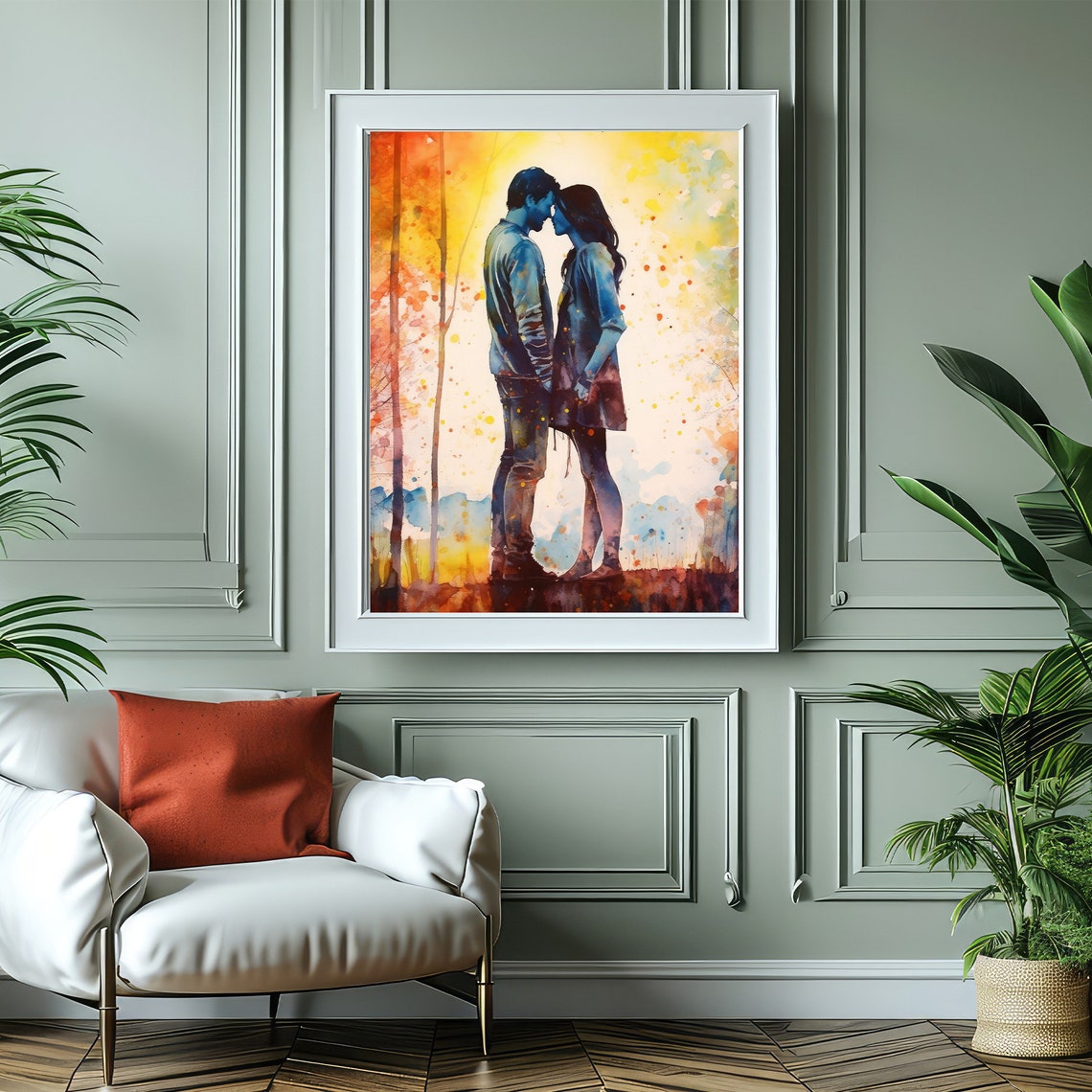 Romantic Couple Embrace Watercolor Autumn Forest Love Poster - Image 3