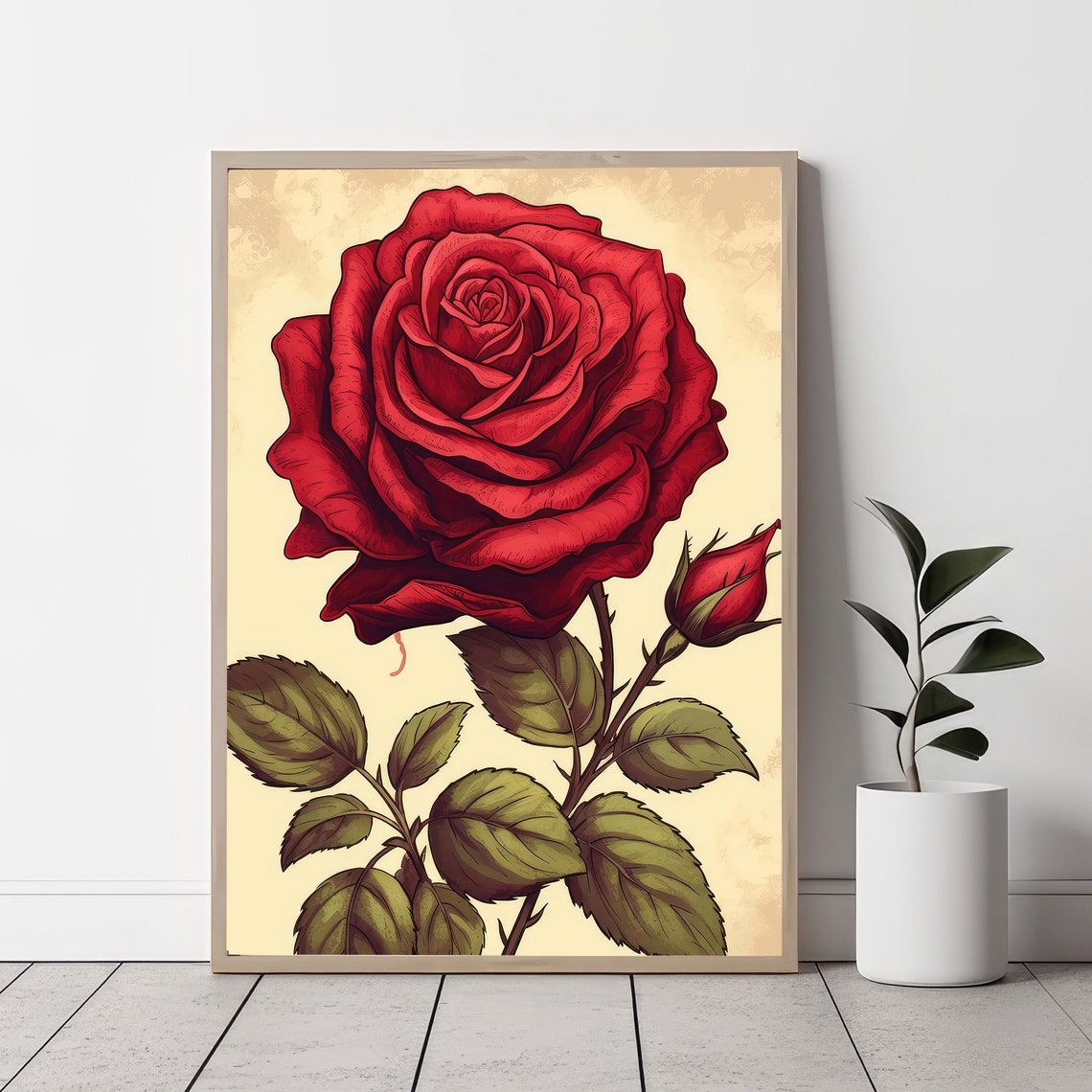 Dramatic Large Red Rose Bloom Vintage Botanical Floral Art Poster