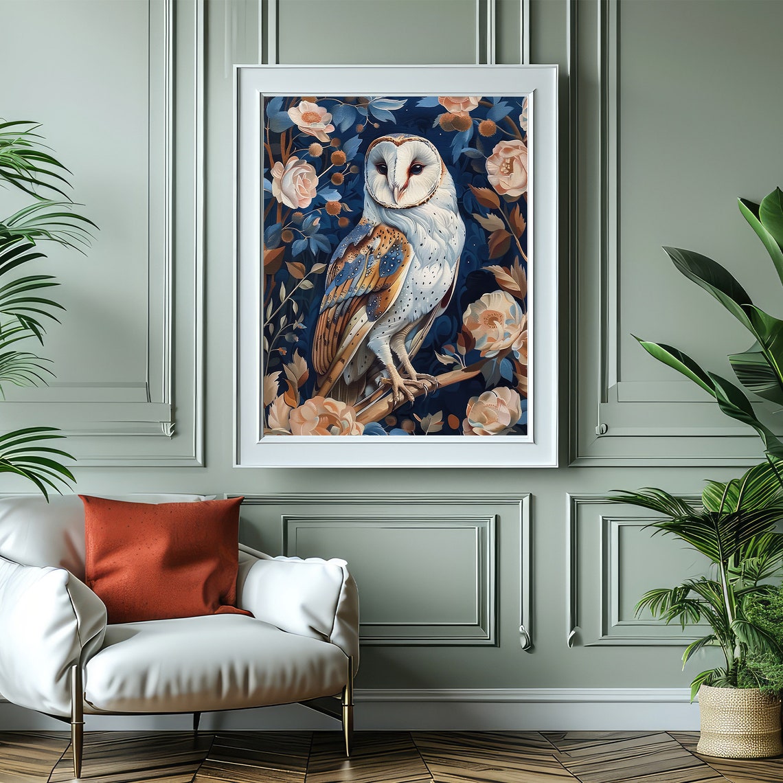 Barn Owl Among Flowers Deep Navy Botanical Illustration Poster - Image 5