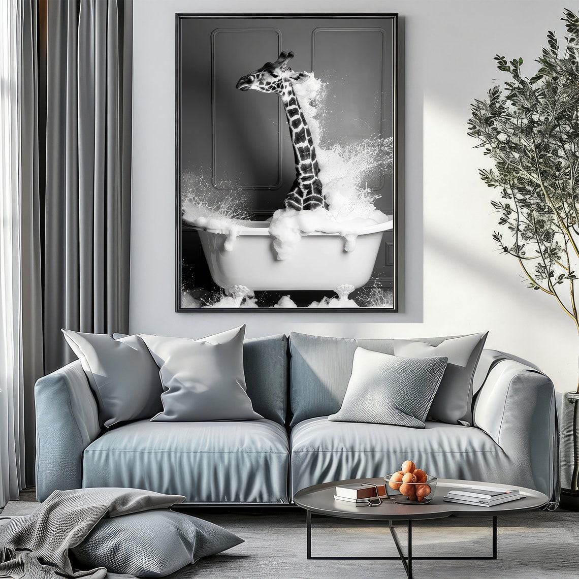 Giraffe Splashing In Bathtub Black And White Funny Animal Poster - Image 2