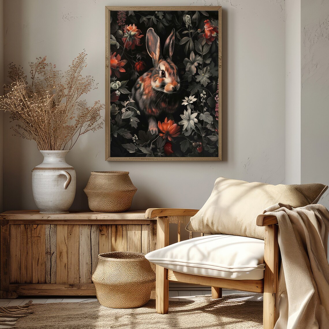 Woodland Rabbit Among Red Blooms Dark Floral Botanical Art Poster - Image 2