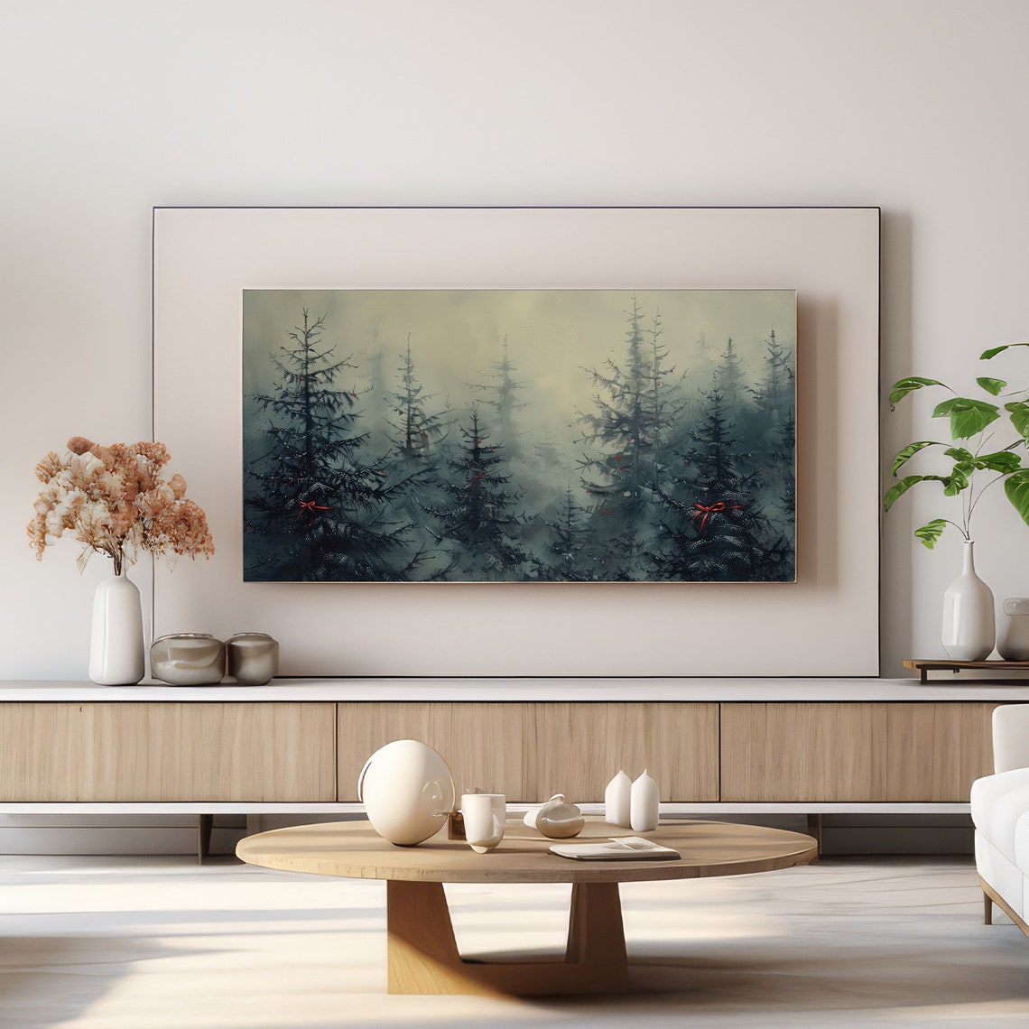 Misty Winter Pine Forest Red Ribbon Bows Vintage Christmas Poster - Image 5