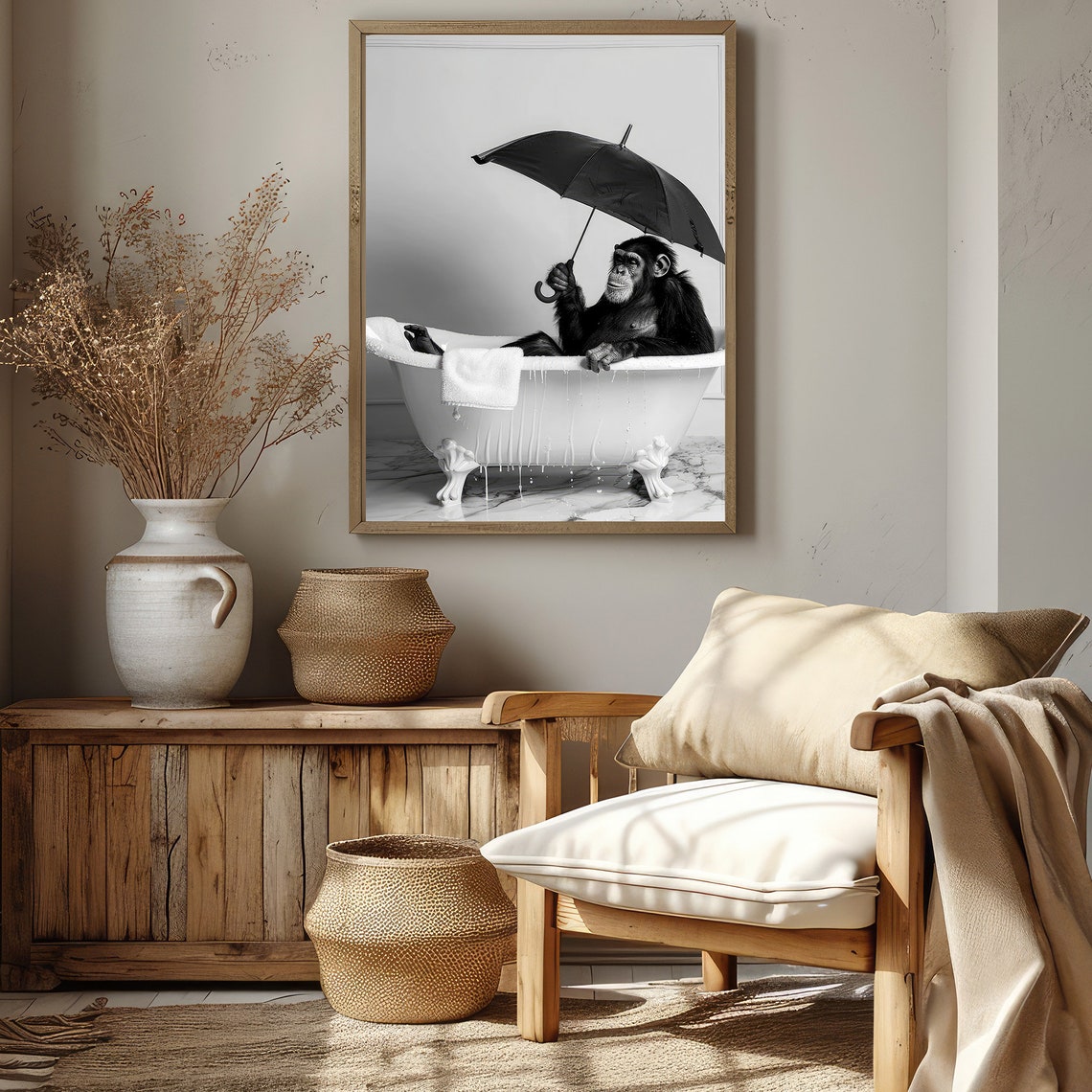 Funny Chimpanzee With Umbrella In Bathtub Black And White Poster - Image 2