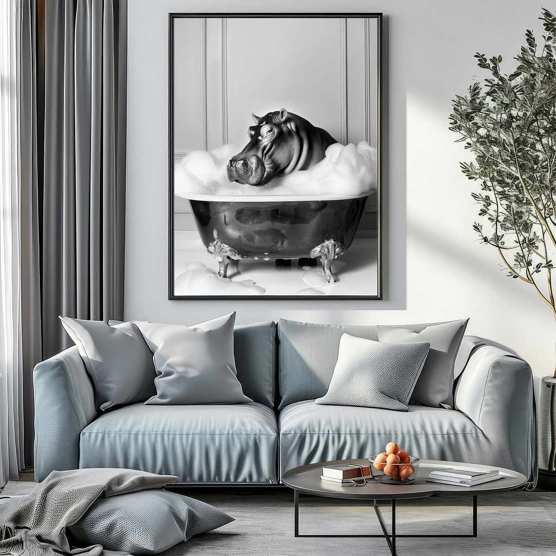 Happy Hippo Relaxing In Bubble Bath Black And White Funny Poster - Image 2