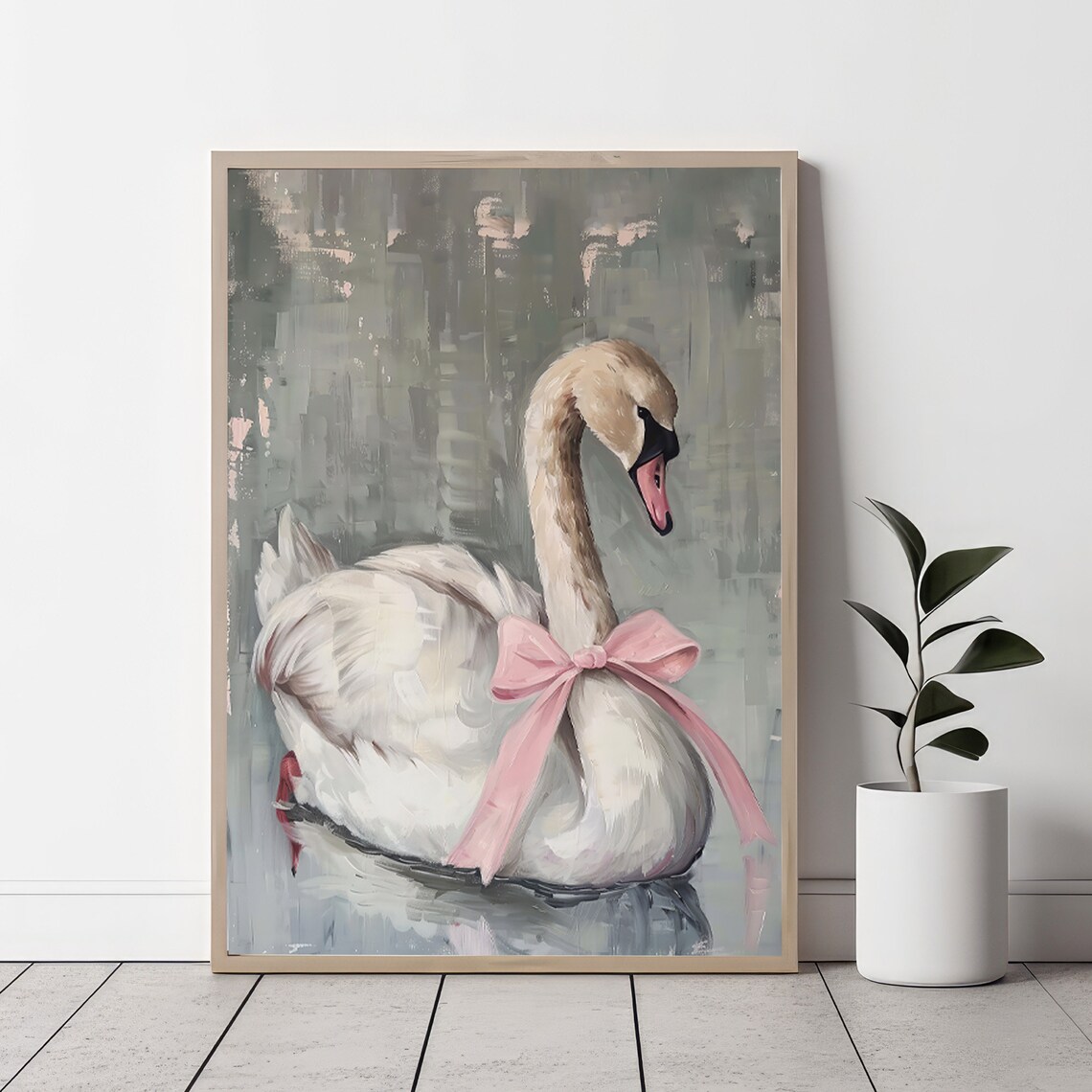 Swan With Pink Bow, Balletcore Nursery Poster