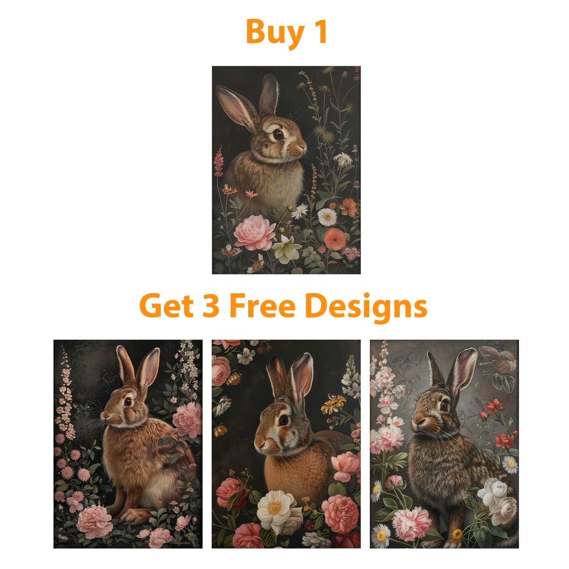 Charming Brown Rabbit Among Wildflowers Dark Botanical Art Poster - Image 6