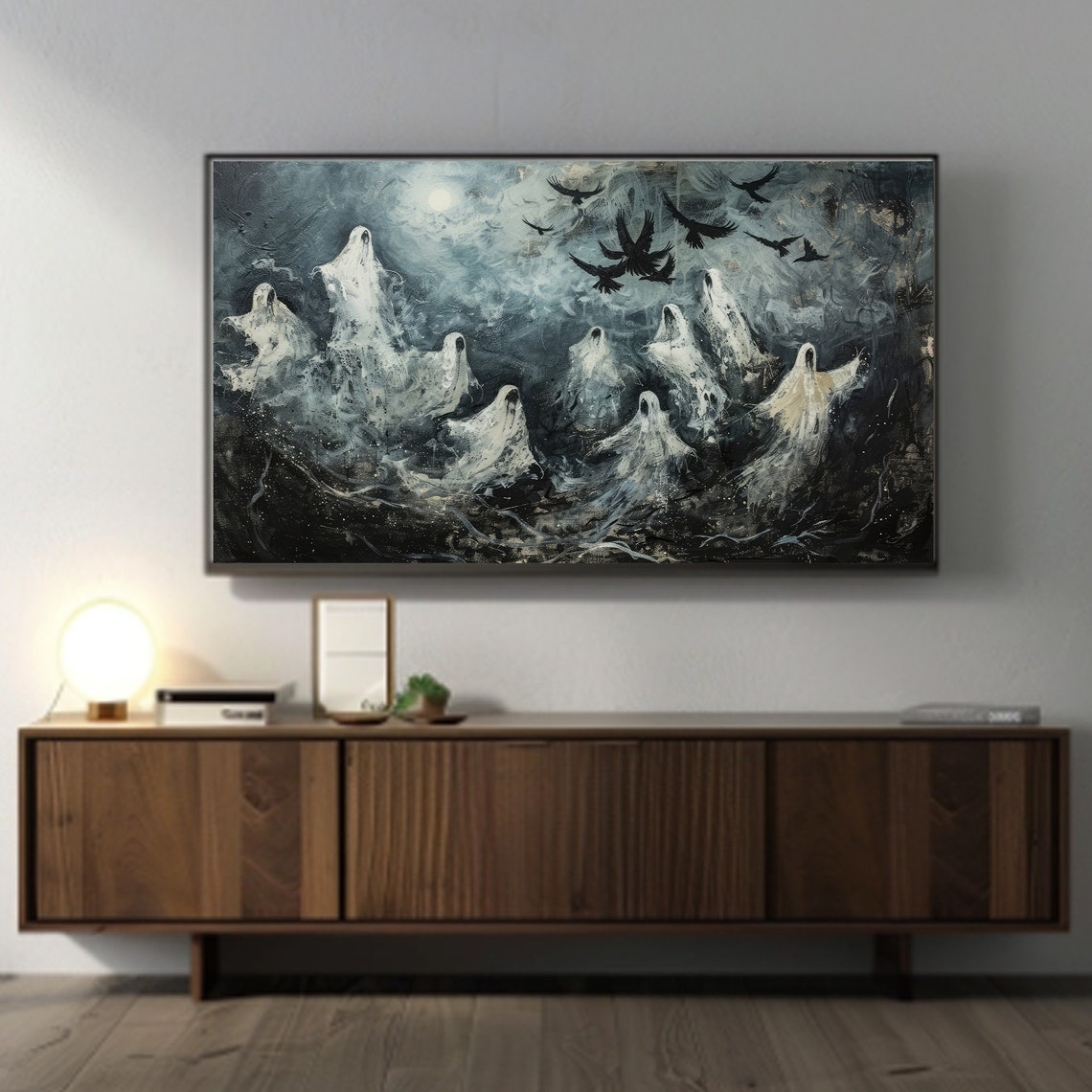 Haunted Floating Ghosts Under Full Moon With Black Crows Poster - Image 3