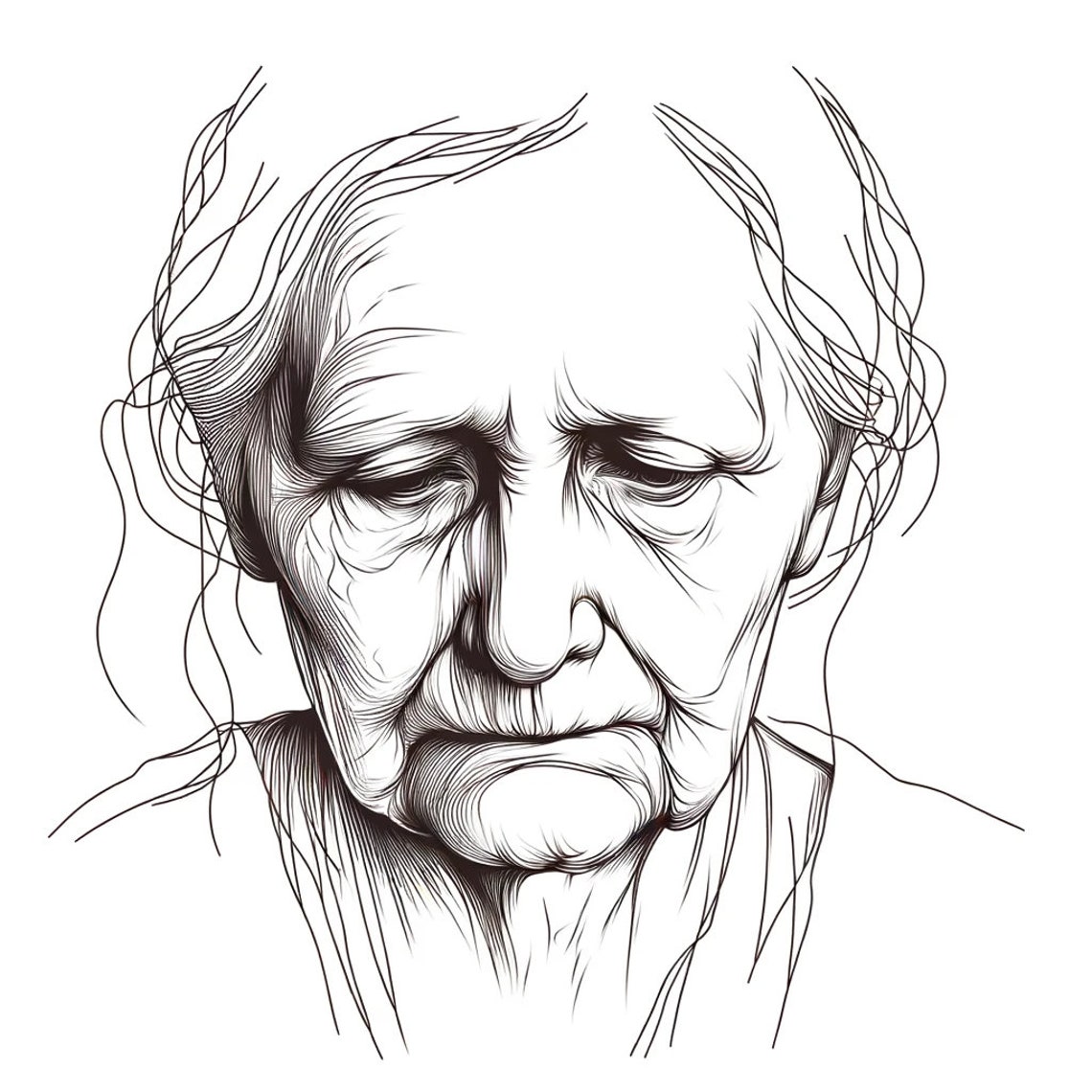 Elderly Woman Wrinkled Face Expressive Line Art Portrait Poster