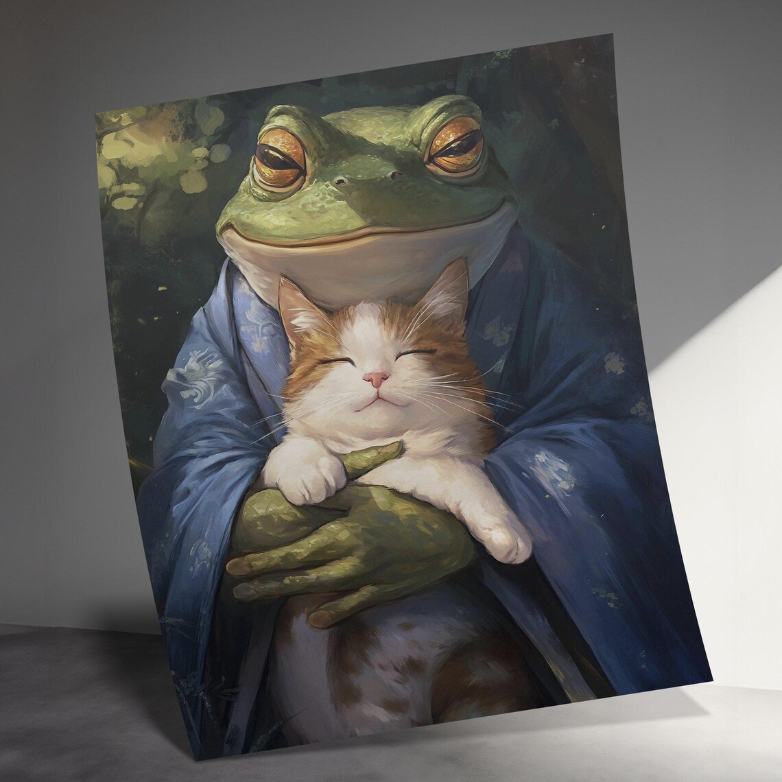 Giant Frog Holding Cat Kimono Whimsical Fantasy Animal Wall Art Poster - Image 3