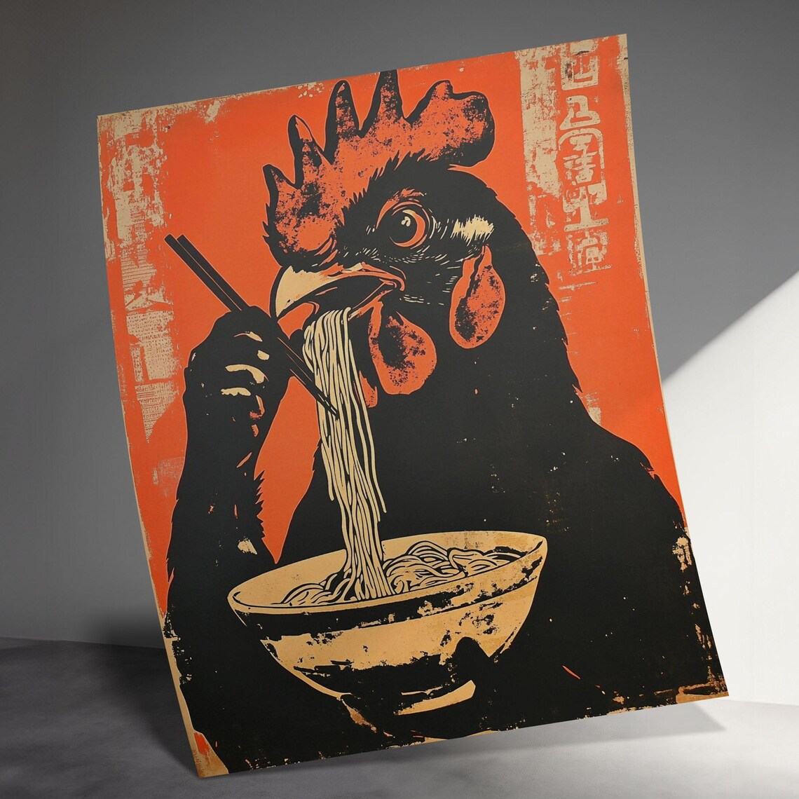 Quirky Black Rooster Eating Noodles Chopsticks Orange Wall Art Poster - Image 3