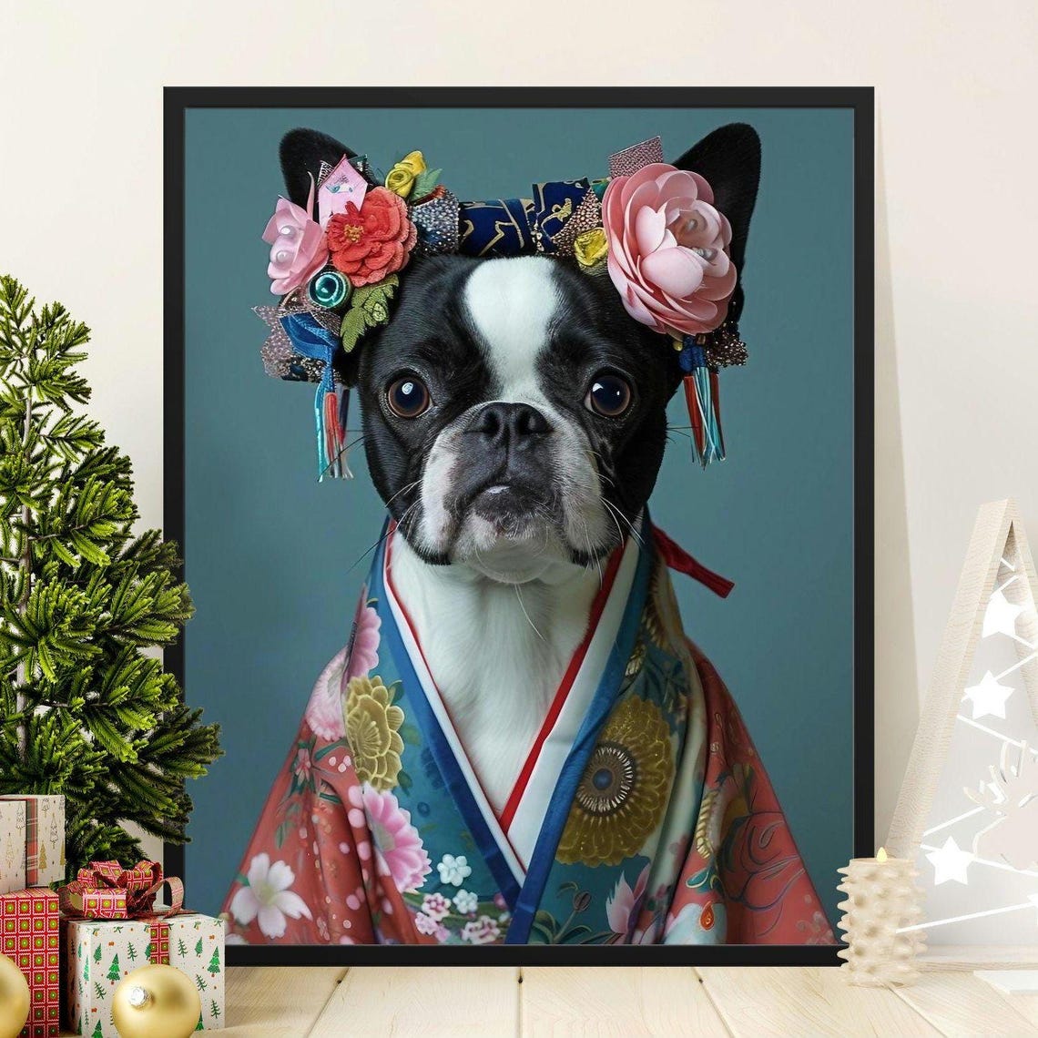 Adorable Japanese Geisha Boston Terrier Dog Wall Art Cute Dog In Kimono Poster Unique Animal Portrait Dog Lover Gift Fun Home Decor Print