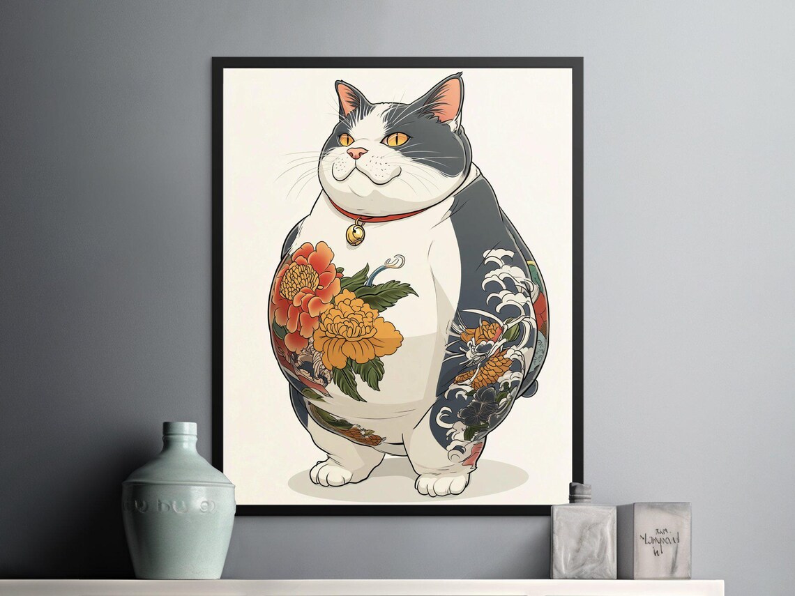 Chubby Cat With Japanese Tattoo Peonies Waves Floral Ink Art Poster - Image 2
