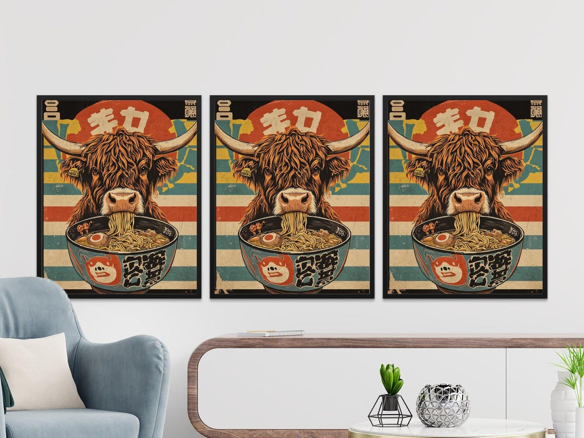 Highland Cow Eating Ramen Japanese Retro Style Funny Wall Art - Image 2