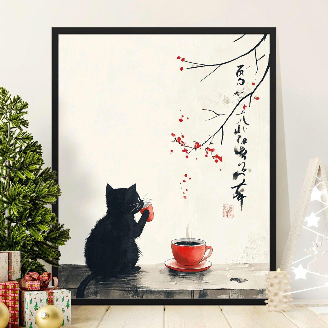 Black Cat With Red Teacup Cherry Blossom Minimalist Ink Art Poster