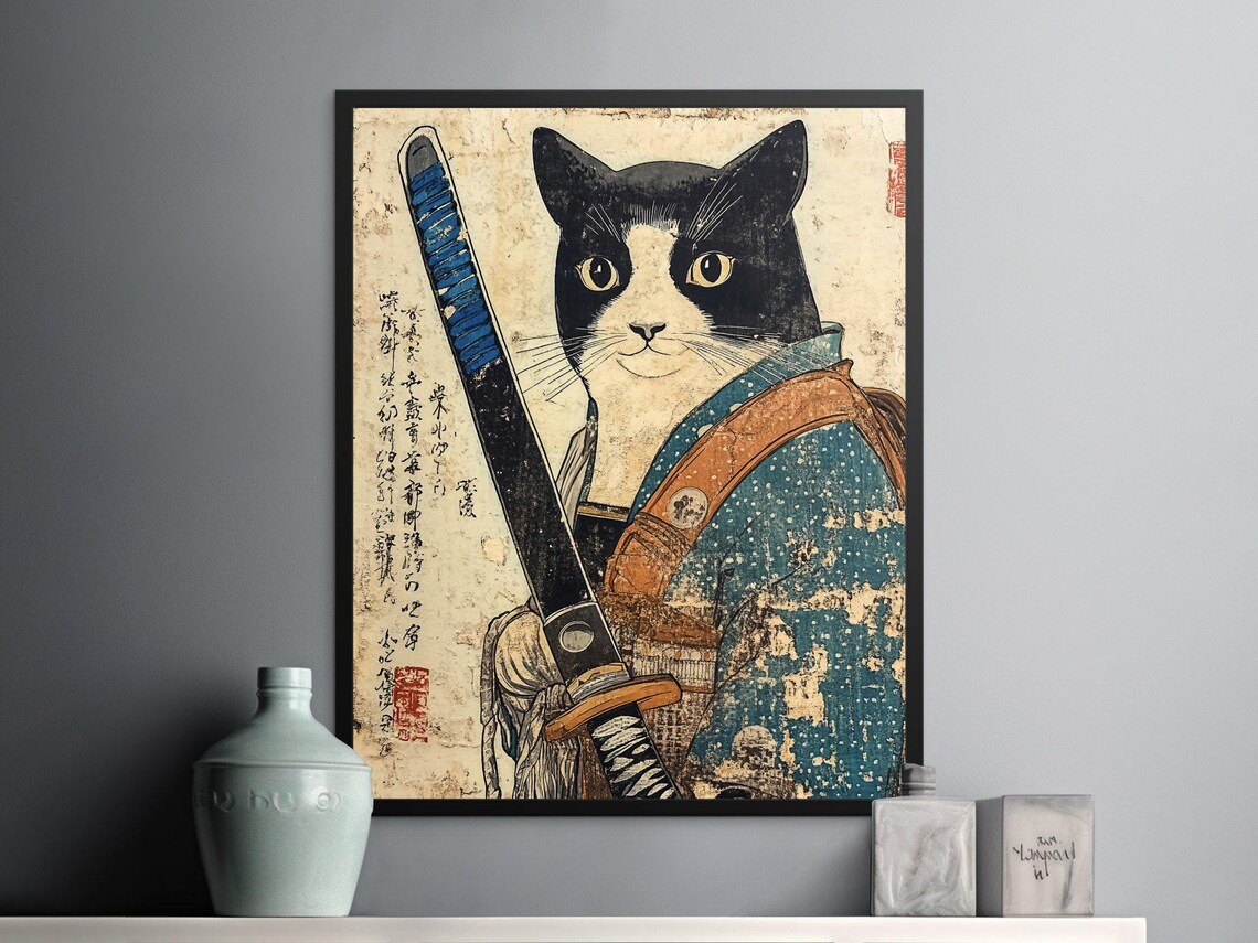 Tuxedo Samurai Cat With Katana Japanese Woodblock Vintage Style Poster - Image 2