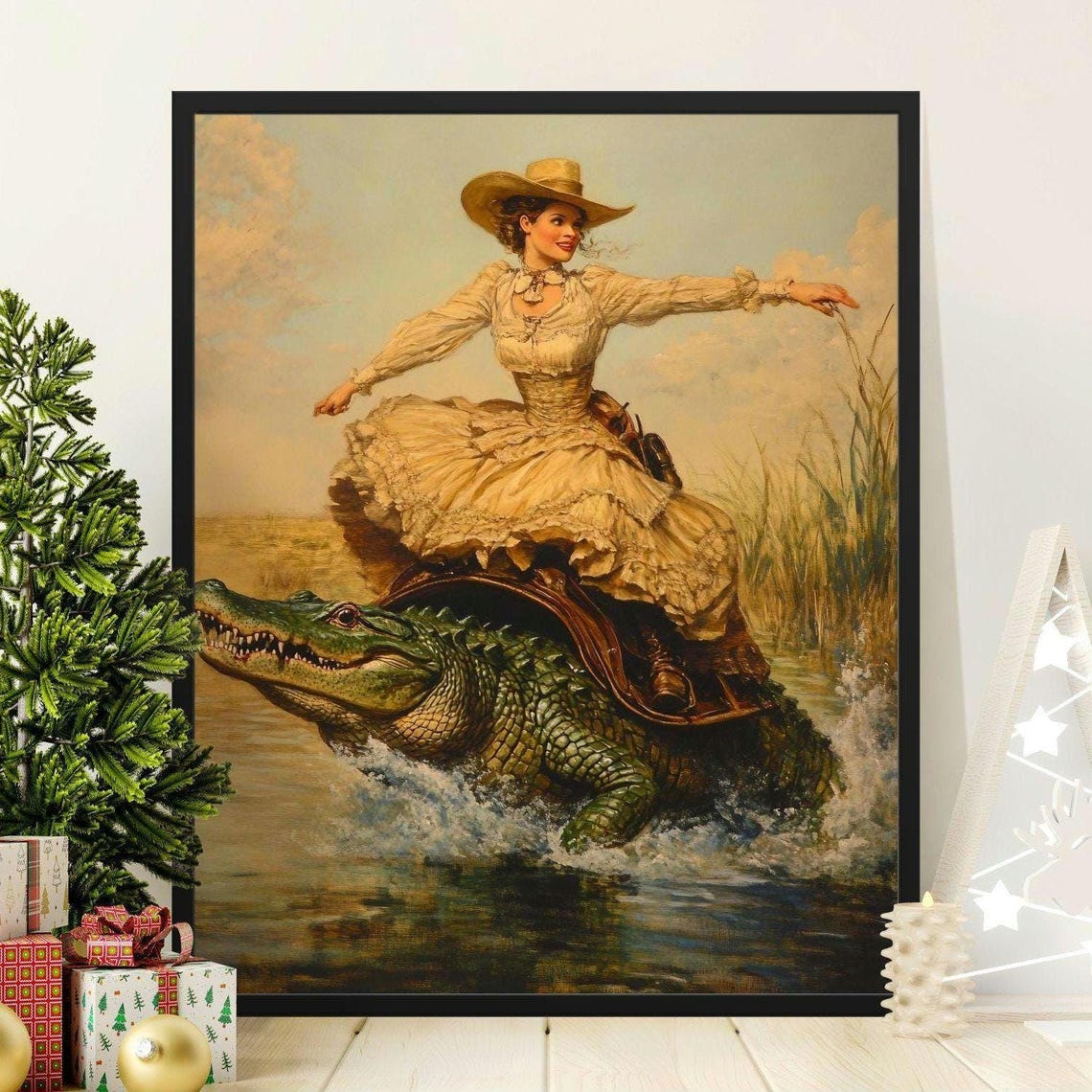 Western Lady Riding Alligator Vintage Swamp Adventure Wall Poster
