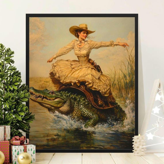 Vintage Western Lady Riding Alligator Wall Art Print Rustic Home Decor Unique Poster For Living Room Or Office