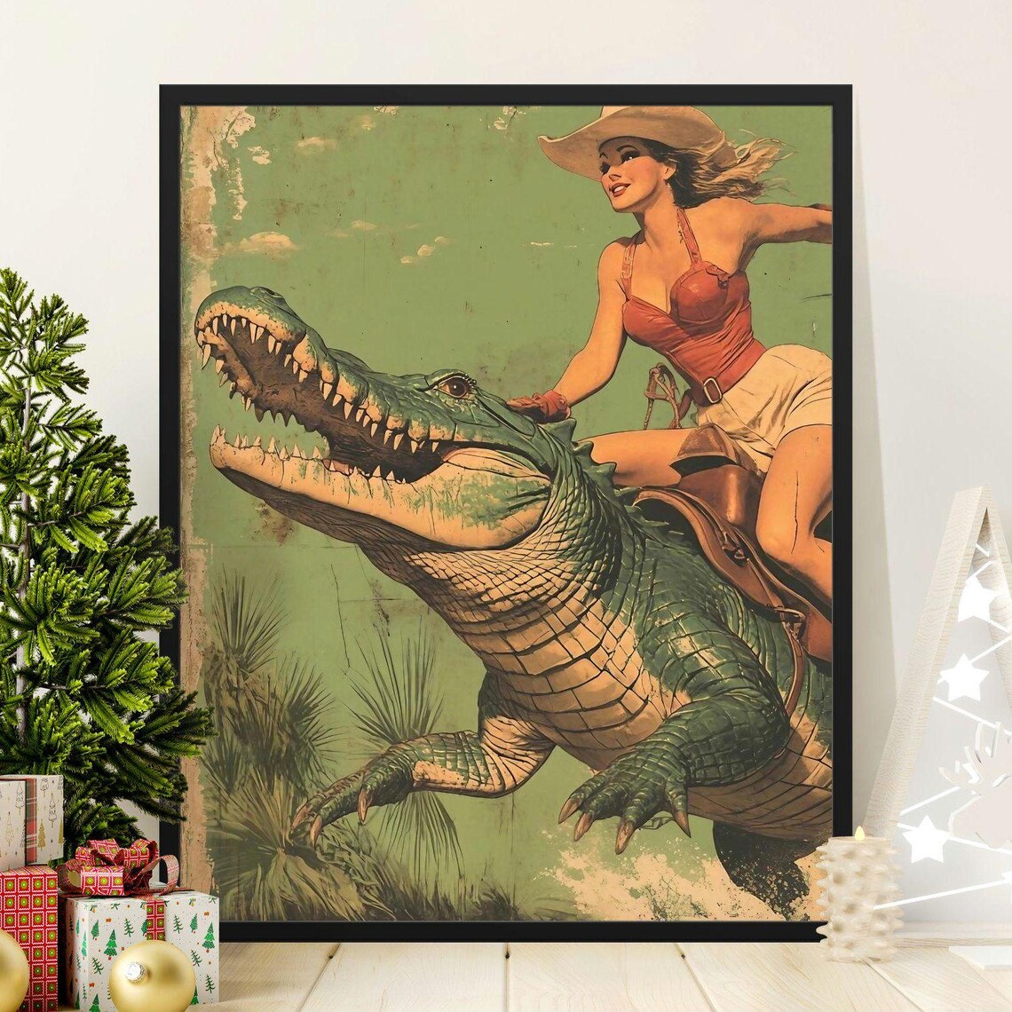 Vintage Cowgirl Riding Alligator Art Print, Retro Western