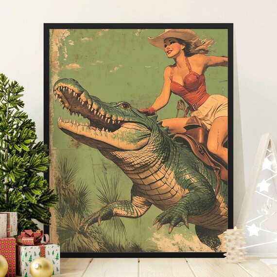 Vintage Cowgirl Riding Alligator Art Print, Retro Western