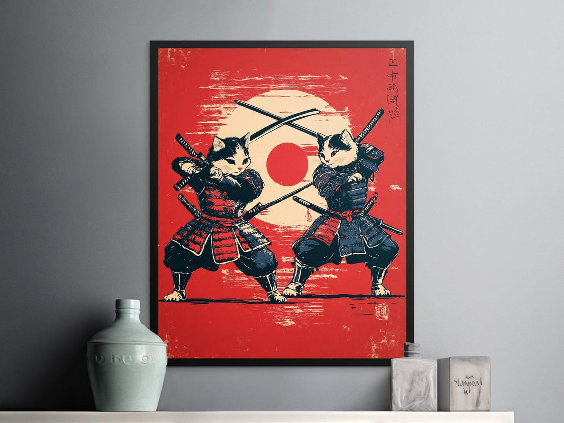 Samurai Cats Red Sun Duel Japanese Woodblock Warrior Wall Art Poster - Image 2