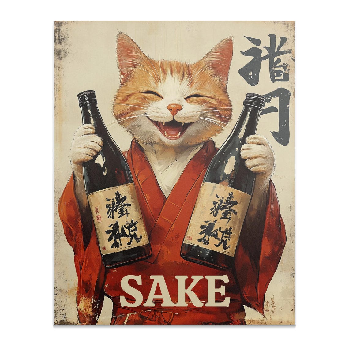 Vintage Smiling Ginger Cat In Kimono With Two Sake Bottles Art Poster - Image 2
