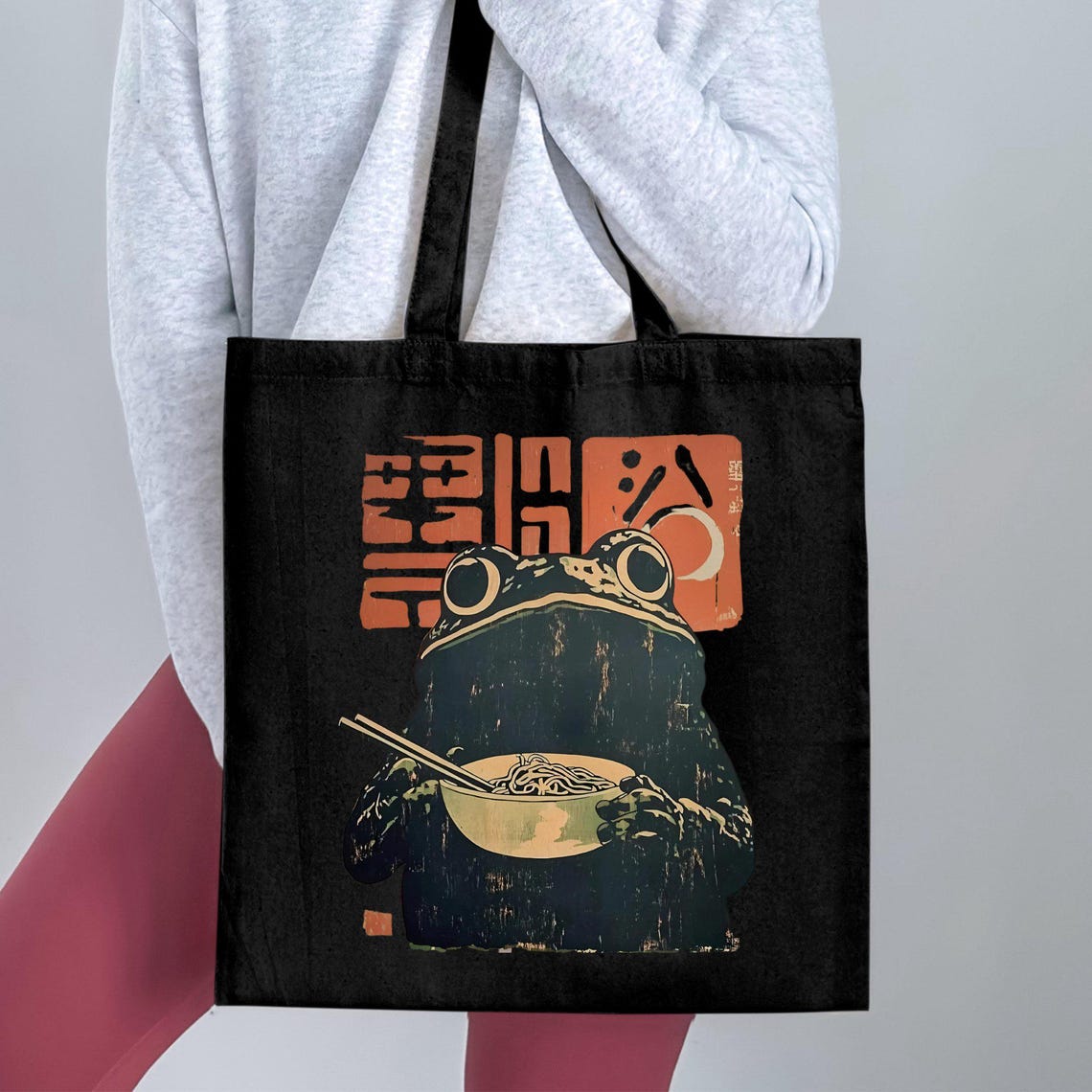 Frog Eating Noodles Japanese Retro Canvas Tote Bag Cute Kitchen Gift - Image 3