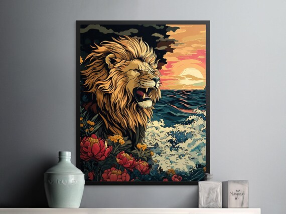 Roaring Lion Sunset Ocean Waves Floral Dramatic Wildlife Wall Art Poster
