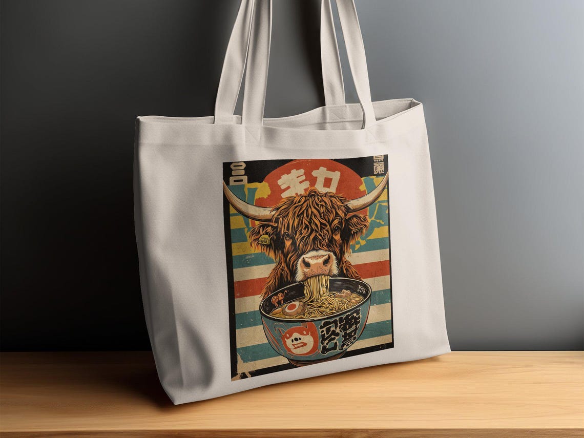 Highland Cow Slurping Ramen Retro Japanese Style Graphic Poster - Image 2