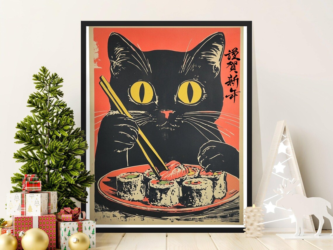 Retro Japanese Black Cat Eating Sushi Chopsticks Poster Wall Art