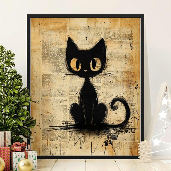 Black Cat Ink Illustration On Vintage Newspaper Rustic Sepia Wall Art Poster