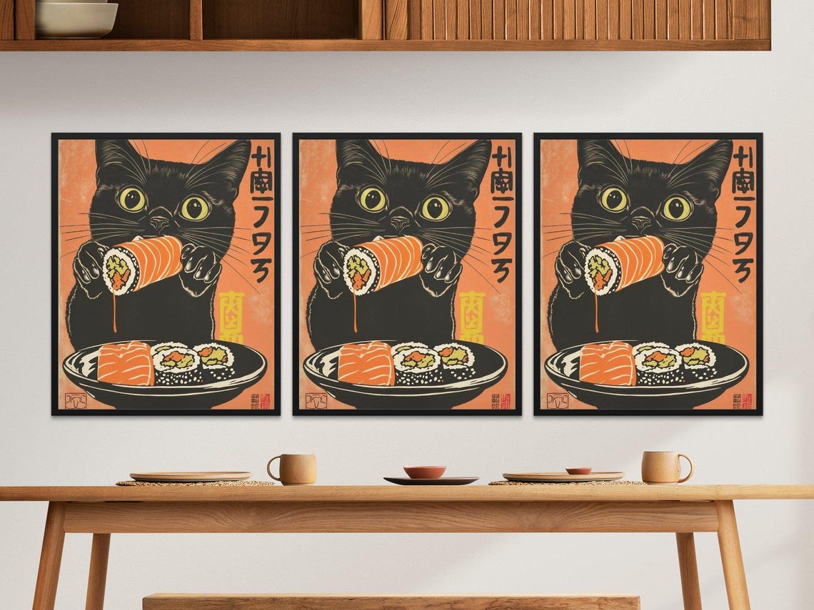 Black Cat Munching Salmon Sushi Roll Retro Orange Japanese Art Poster - Image 2