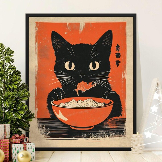 Vintage Black Cat Fish Rice Bowl Japanese Retro Kitchen Art Poster