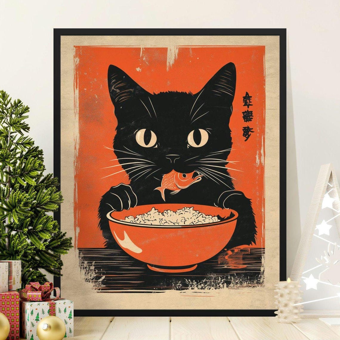 Vintage Black Cat Fish Rice Bowl Japanese Retro Kitchen Art Poster