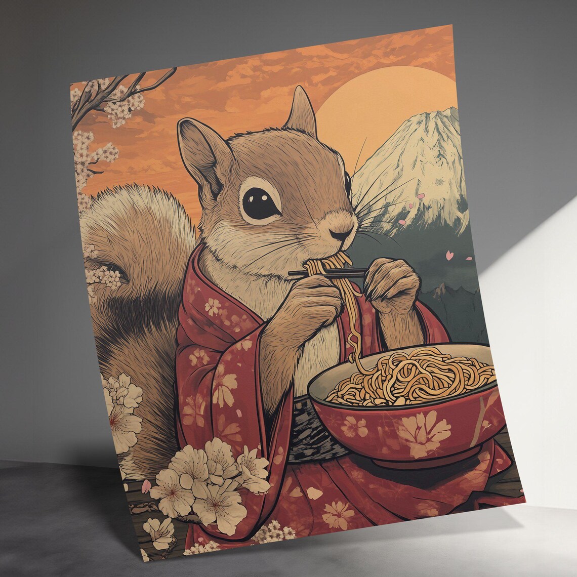 Cute Squirrel In Kimono Eating Noodles Mount Fuji Cherry Blossom Poster - Image 3