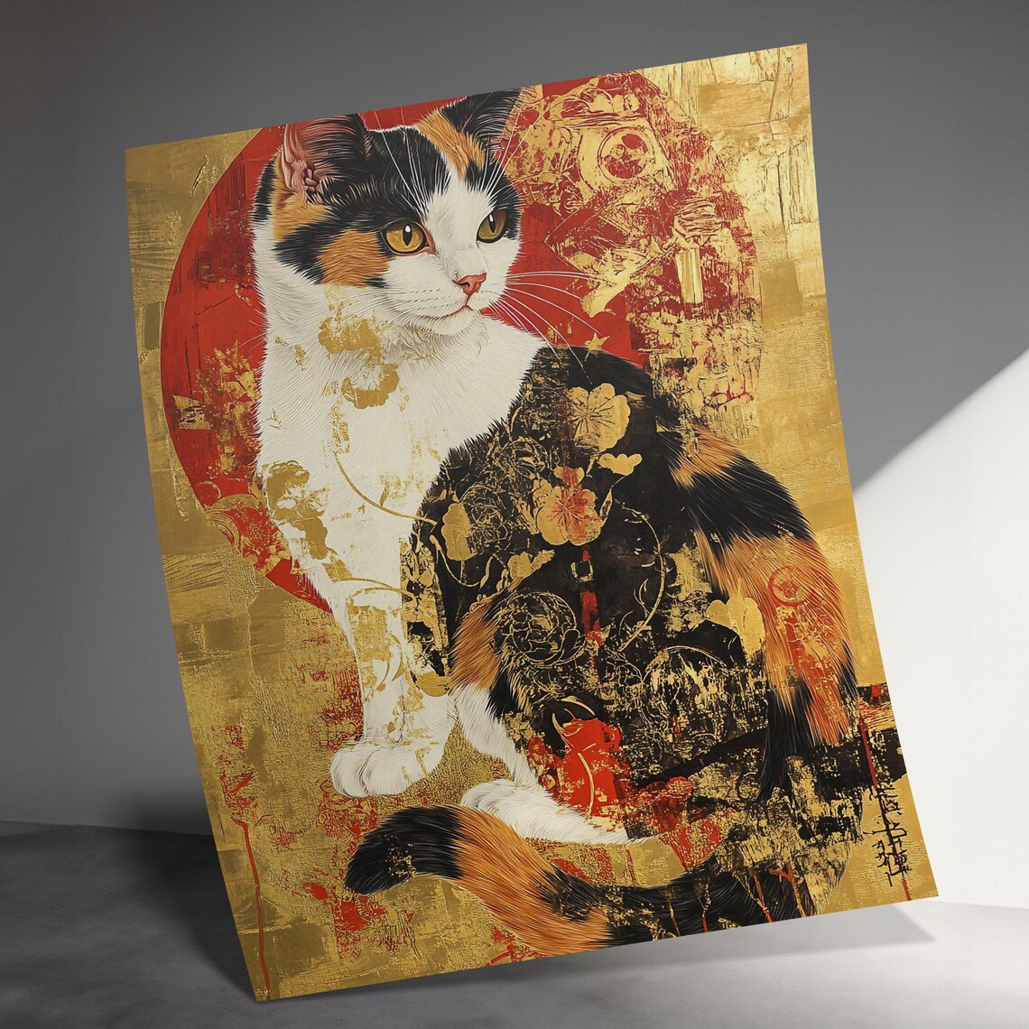 Elegant Calico Cat Gold Leaf Painting Red Sun Japanese Art Poster - Image 3