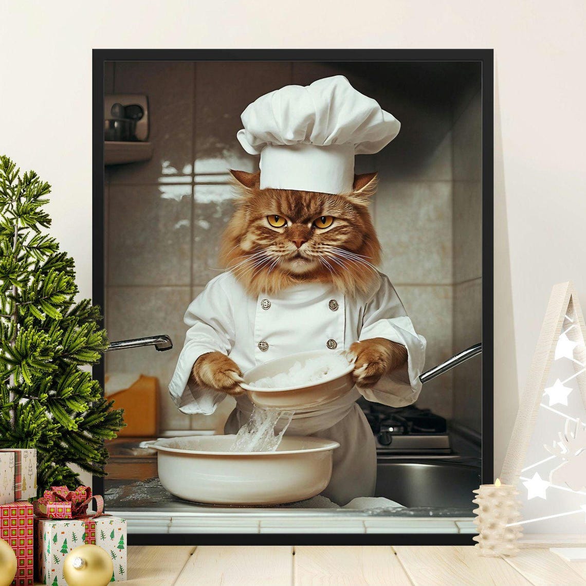 Grumpy Orange Chef Cat Draining Pasta In Kitchen Funny Cooking Poster