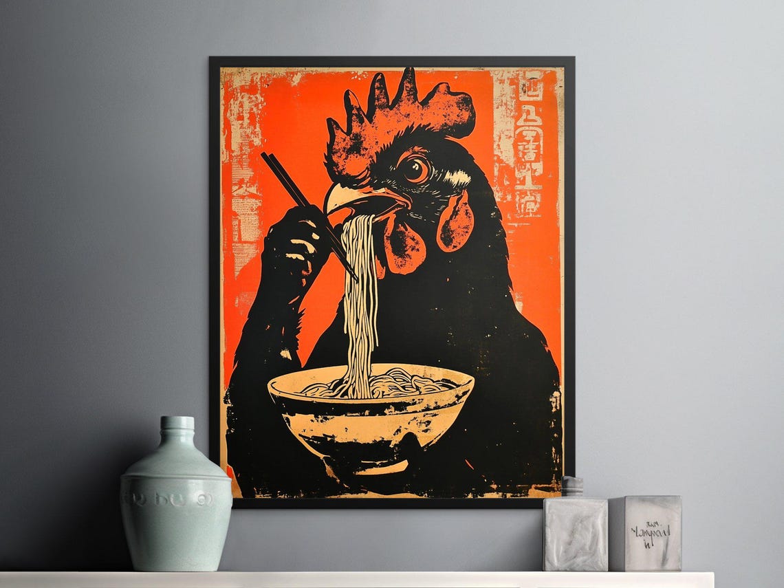 Quirky Black Rooster Eating Noodles Chopsticks Orange Wall Art Poster - Image 2