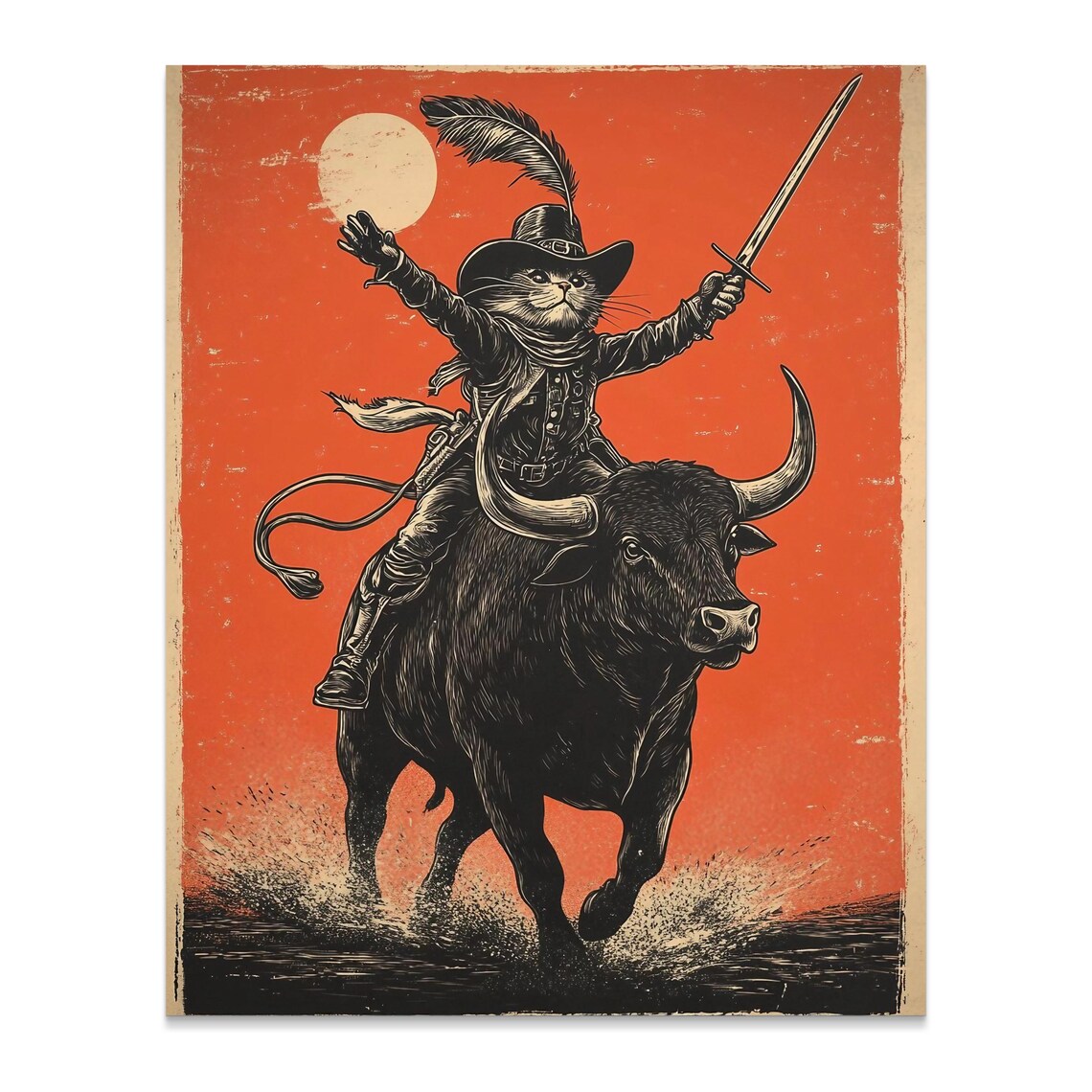Cat Musketeer Riding Bull Sword Vintage Western Funny Wall Art Poster - Image 2