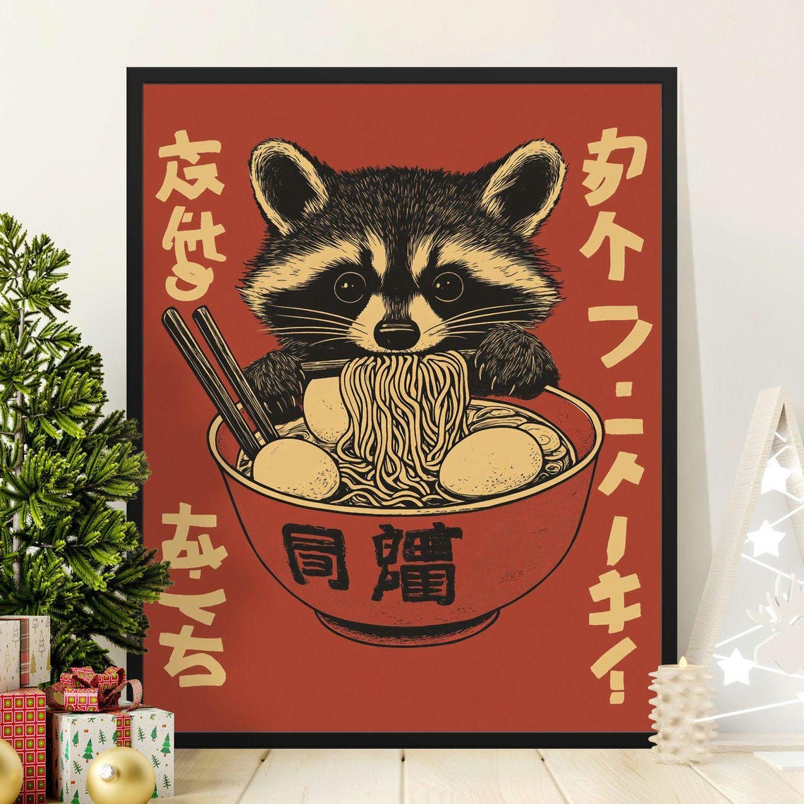 Vintage Japanese Raccoon Eating Ramen Poster Japanese Food Wall Art Kawaii Animal Print Kitchen Decor Noodle Art Asian Cuisine Art