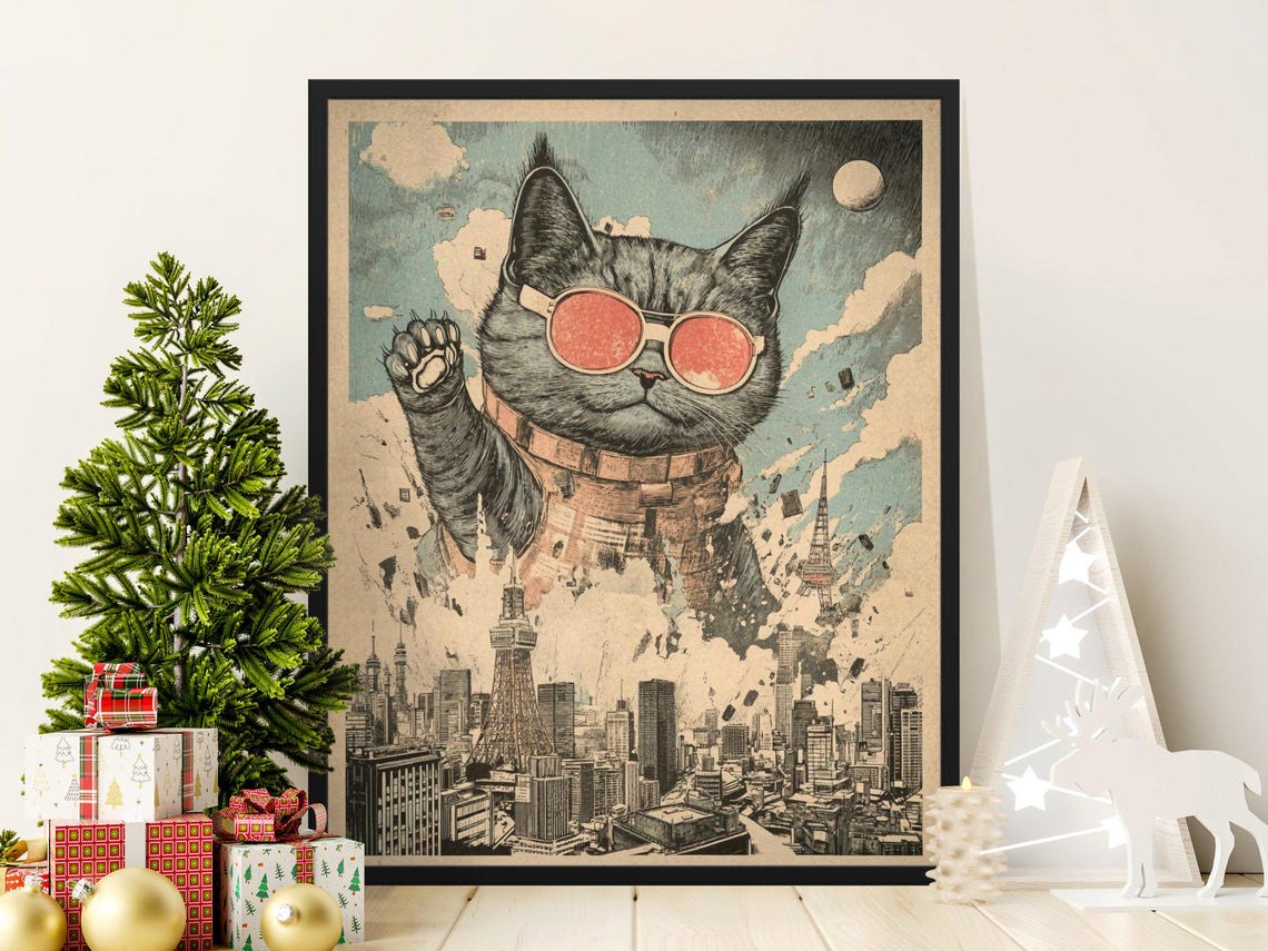 Giant Cat With Sunglasses Attacking Tokyo Skyline Retro Kaiju Poster