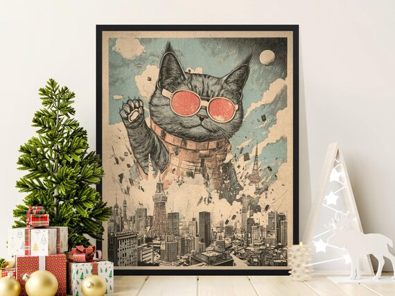 Giant Cat With Sunglasses Attacking Tokyo Skyline Retro Kaiju Poster