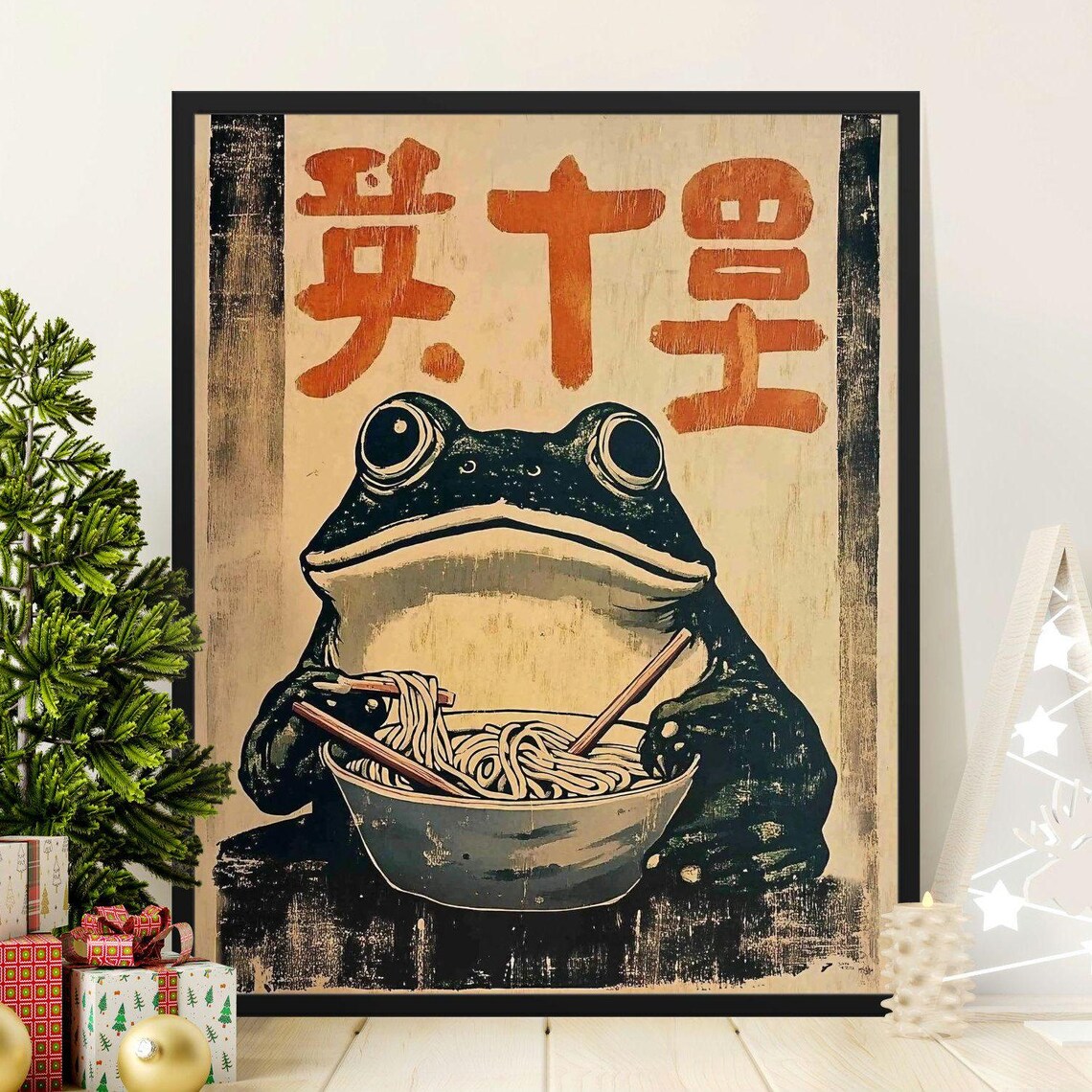 Vintage Black Frog Eating Noodles Retro Japanese Ramen Kitchen Art Poster